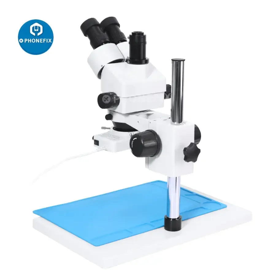 PHONEFIX 7X-45X trinocular stereo zoom microscope on a large table stand for PCB repair and electronic inspection.