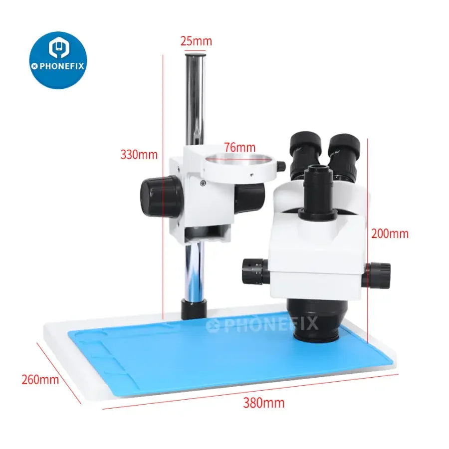 PhoneFix 7X-45X trinocular stereo zoom microscope on table stand, designed for PCB repair and electronics inspection.