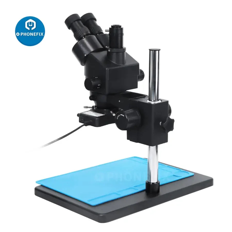 PhoneFix 7X-45X trinocular stereo zoom microscope on a large table stand, ideal for PCB repair and detailed electronic inspections.