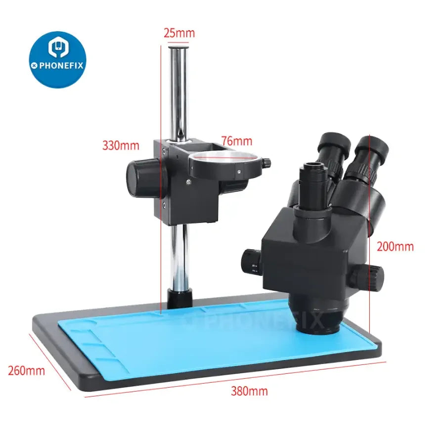 PhoneFix 7X-45X trinocular stereo zoom microscope on a large table stand, ideal for PCB repair and detailed electronic inspection.