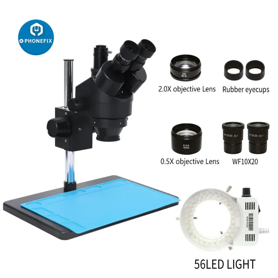 PHONEFIX 7X-45X trinocular stereo zoom microscope on large table stand, ideal for PCB repair and detailed electronic inspection.