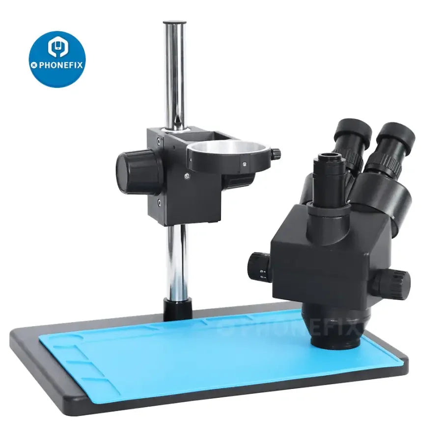 PHONEFIX 7X-45X trinocular stereo zoom electric microscope on a large table stand, used for PCB repair and detailed electronic inspection.