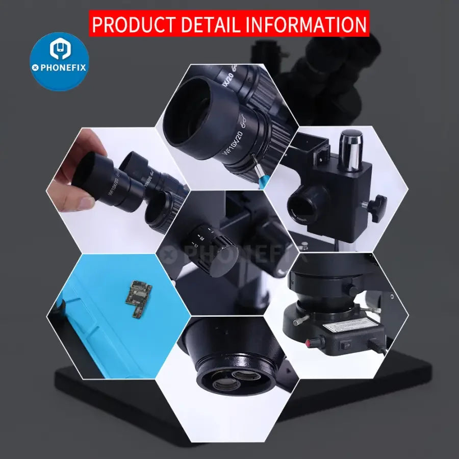 PhoneFix 7X-45X trinocular stereo zoom microscope with large table stand for PCB repair and electronic inspection.