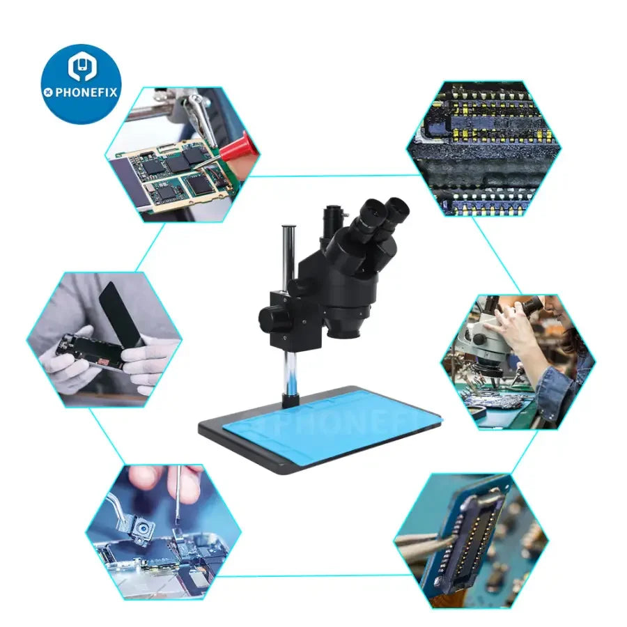 PhoneFIX 7X-45X trinocular stereo zoom microscope on table stand, ideal for PCB repair and detailed electronic inspections.