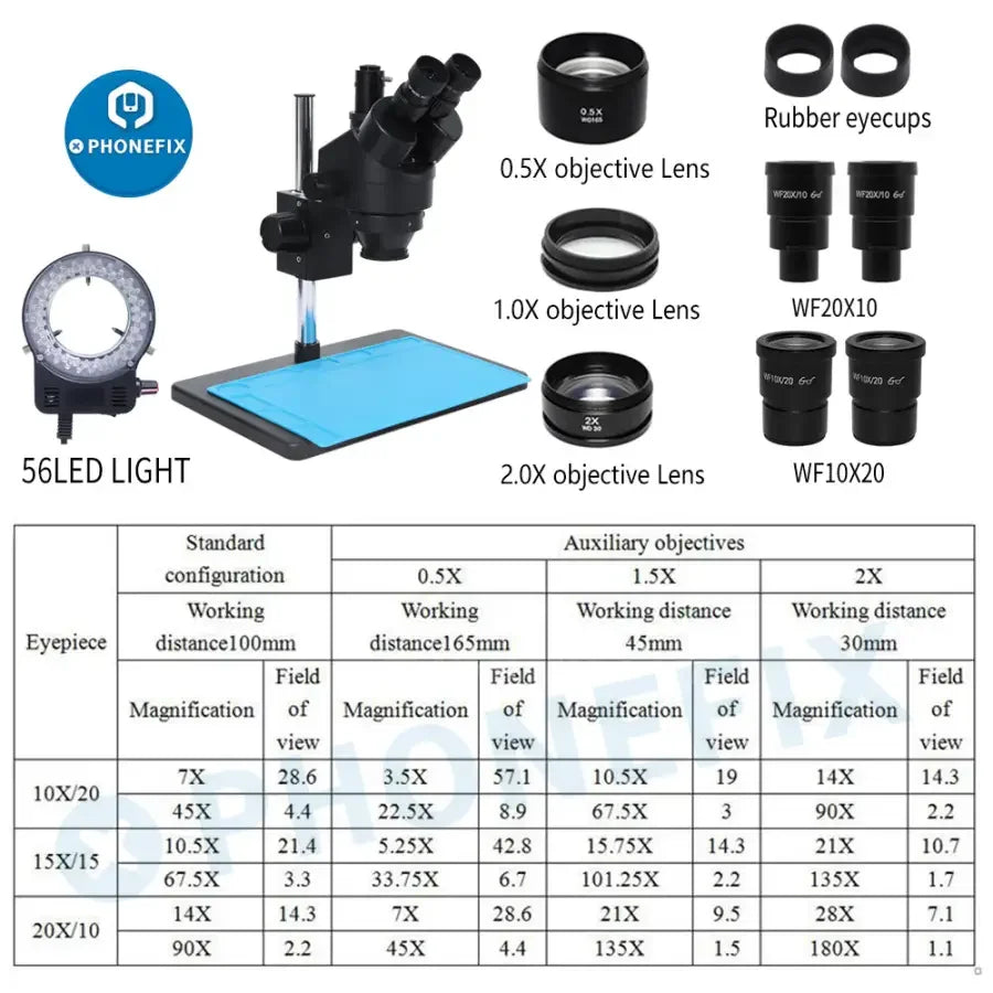 Phonefix 7x-45x trinocular stereo zoom electric microscope with large table stand for PCB repair inspection.