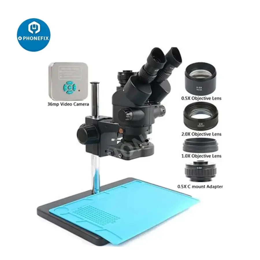 PhoneFix 3.5X-90X trinocular stereo microscope with 144 LED light and mat, ideal for detailed soldering inspection.