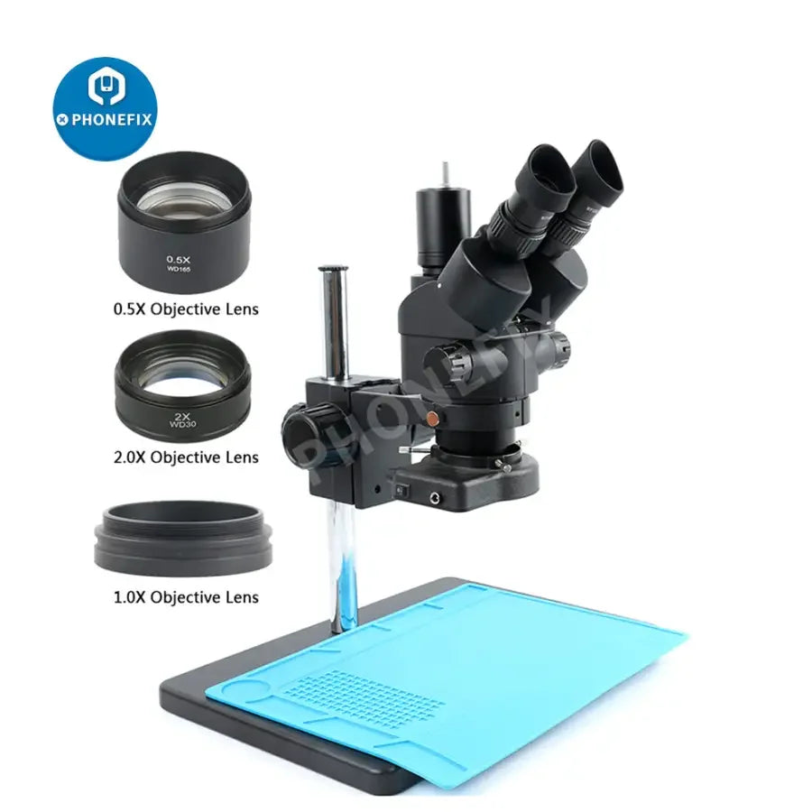 PhoneFix 3.5X-90X trinocular stereo microscope with 144 LED light and mat for soldering, showcasing its optical and illumination features.