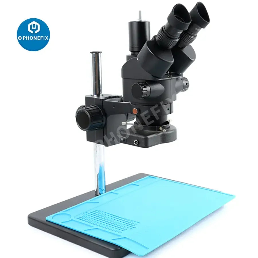 PHONEFIX 3.5X-90X trinocular stereo microscope with 144 LED light and mat for soldering, suitable for detailed electronic inspection.