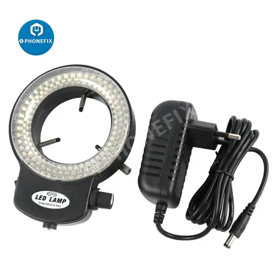 Phonefix 3.5X-90X trinocular stereo microscope with 144 LED light and mat, designed for soldering and detailed inspection.