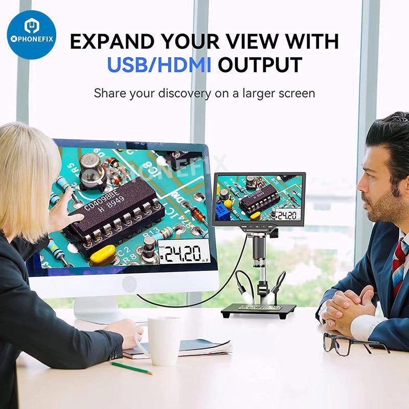 PHONEFIX DM201M 16MP HDMI industrial digital microscope with LCD screen and built-in multimeter for detailed inspection.