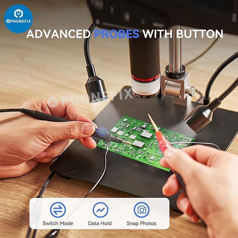 PHONEFIX DM201M 16MP HDMI industrial digital microscope with LCD display and multimeter, used for detailed electronic inspections