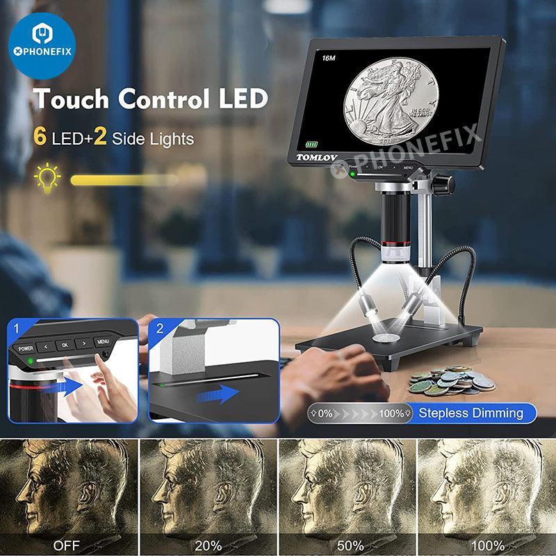 PHONEFIX DM201M 16MP HDMI industrial digital microscope with LCD display and built-in multimeter, used for detailed electronic inspection.
