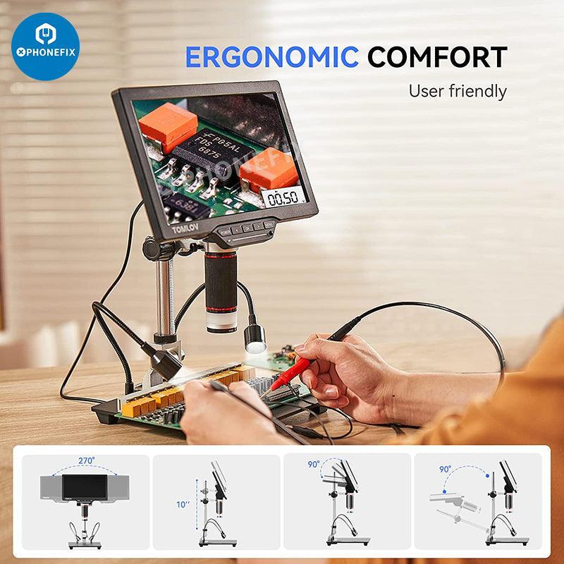 PHONEFIX DM201M 16MP HDMI industrial digital microscope with LCD display and multimeter for detailed electronic inspections.