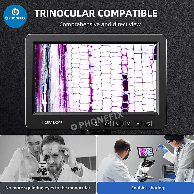 PhoneFix DM201M 16MP HDMI industrial digital microscope with LCD screen and multimeter, used for detailed electronic inspections.