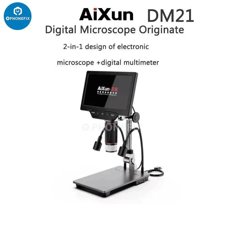PHONEFIX DM201M 16MP HDMI digital industrial LCD microscope with built-in multimeter, showing close-up view of electronic components.
