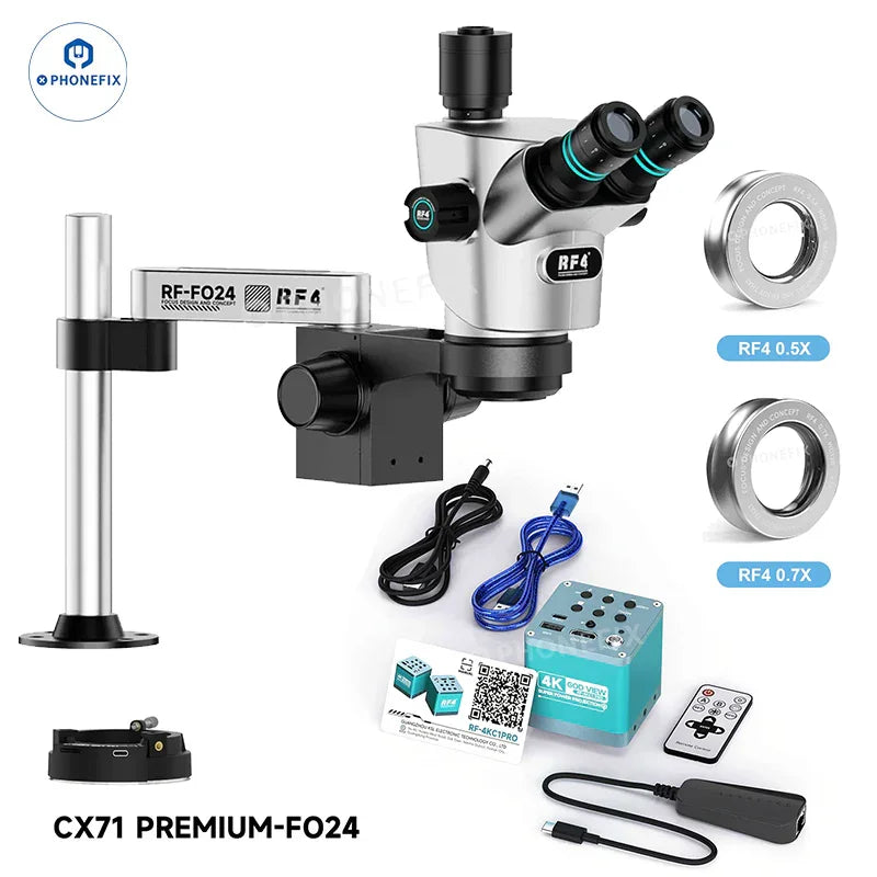 Microscopio estereoscópico trinocular Phonefix RF4 CX71P de 6.5-65 aumentos con soporte y cámara para visualización y captura de imágenes detalladas.