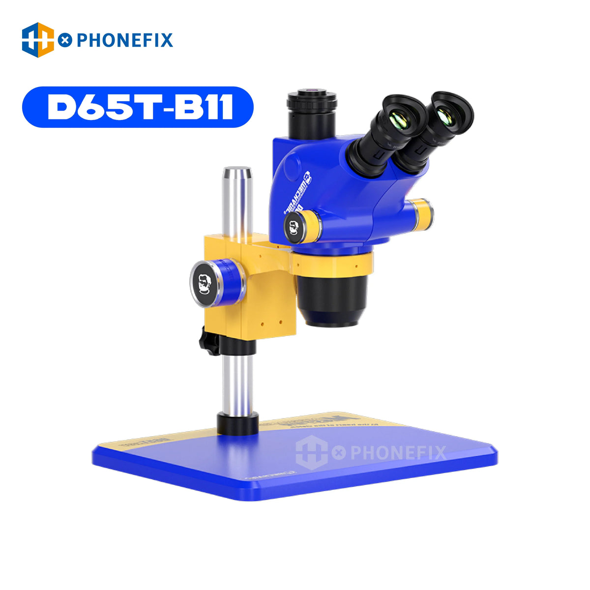 Mechanical D65T industrial triocular stereo microscope by PHONEFIX, with adjustable eyepieces for PCB repair inspection.
