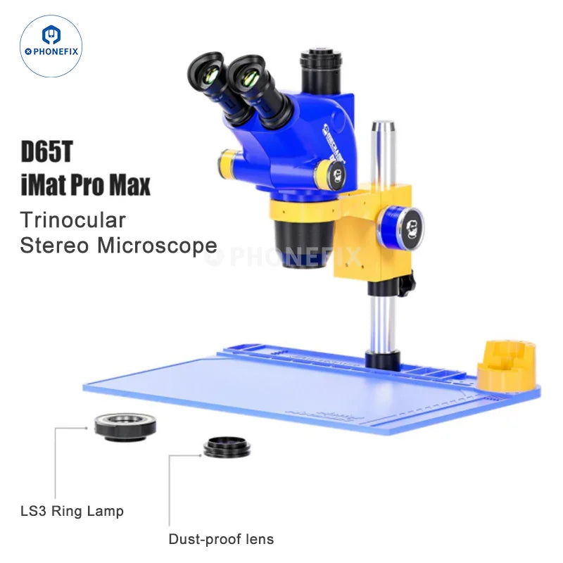 PhoneFix D65T industrial triocular stereo microscope for PCB repair, electric microscope with adjustable lenses and bright illumination.
