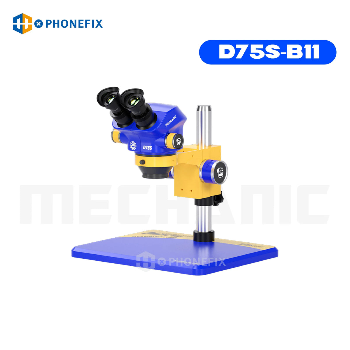 PhoneFix D75S D75T 7X-50X industrial trinocular stereo microscope with electric illumination, detailed close-up of the microscope's head.