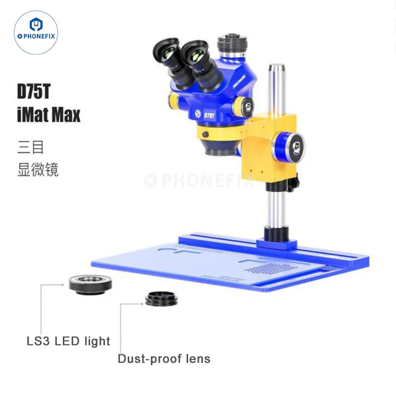 Industrial trinocular stereo microscope D75S D75T 7X-50X with electric illumination, used for detailed inspection and microscopy.