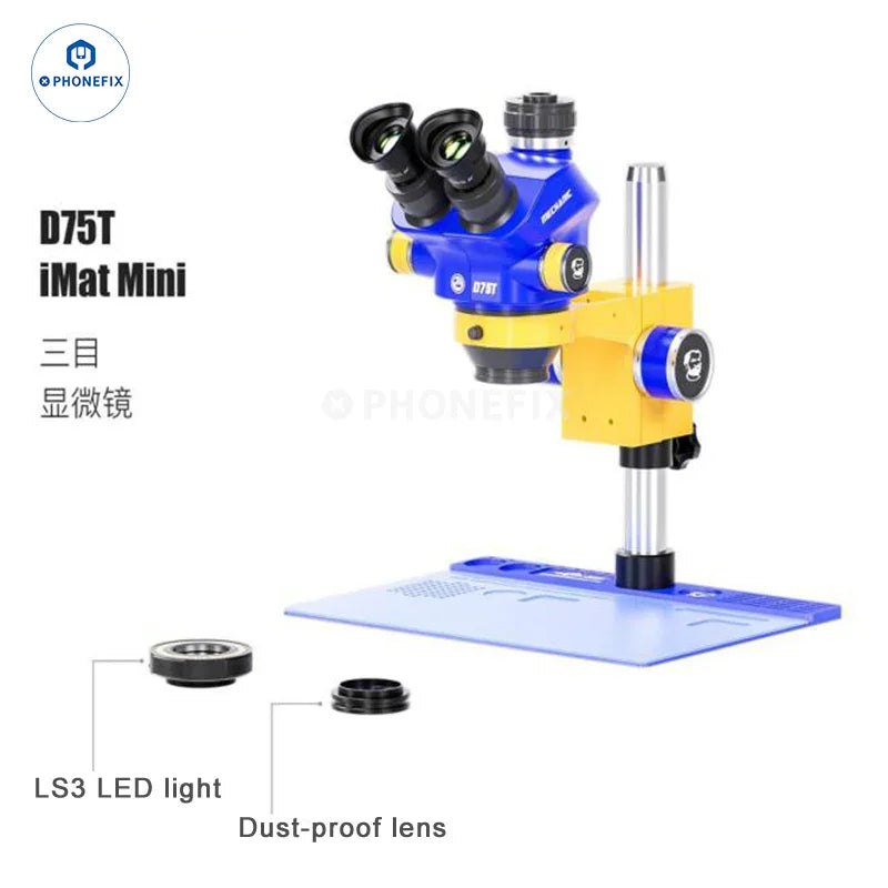 PhoneFix D75S D75T 7X-50X industrial trinocular stereo microscope with electric illumination and adjustable magnification.