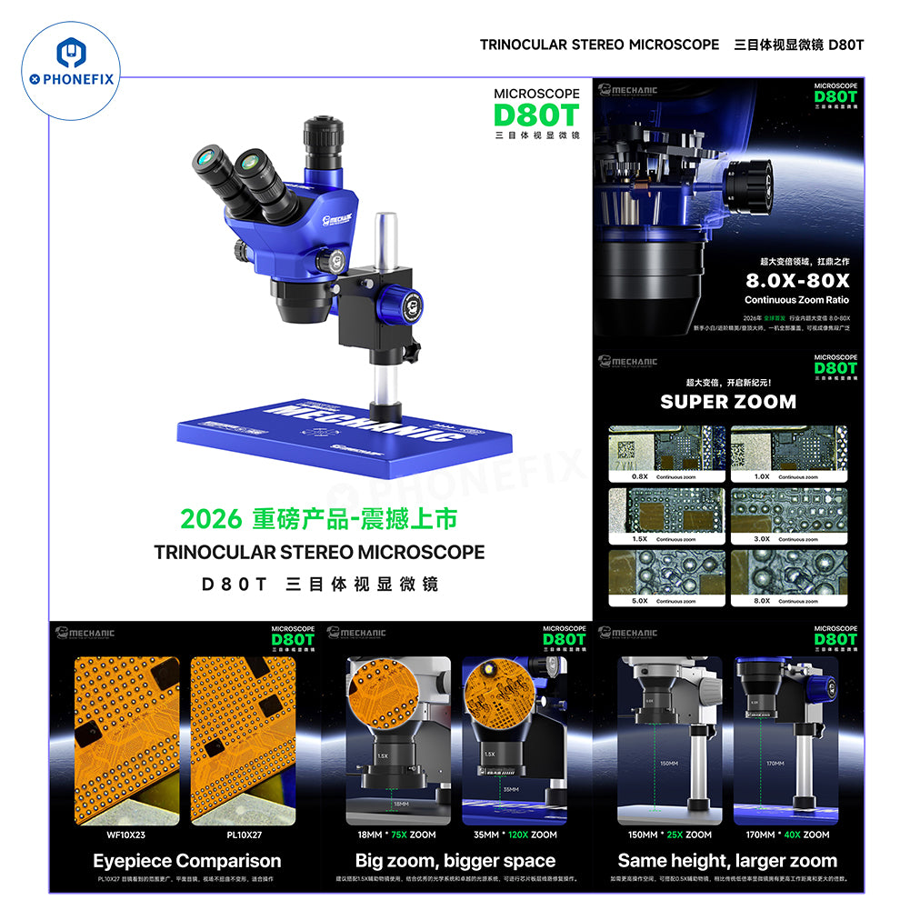 Electric trinocular stereo microscope for phone repair by PHONEFIX, with adjustable magnification from 8x to 80x.