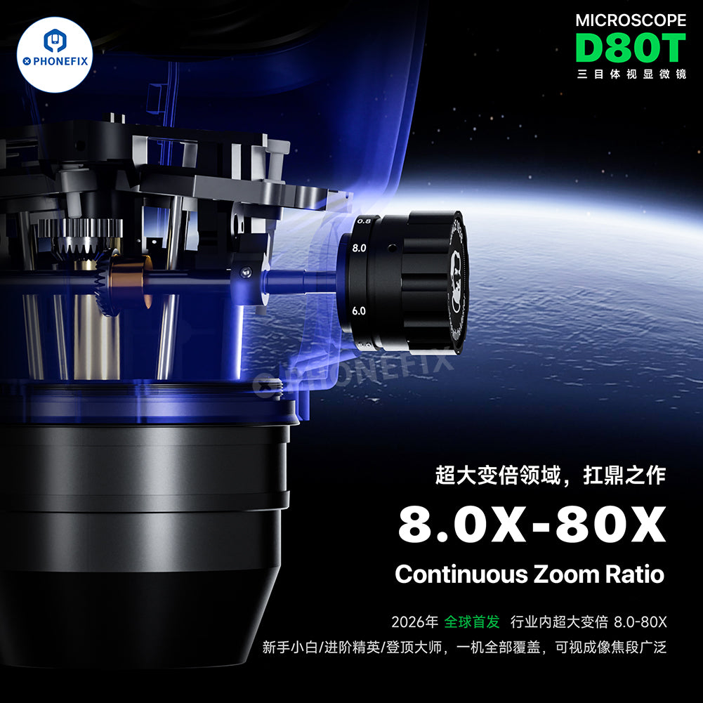 PhoneFix MECHANIC D80T 8-80X trinocular stereo microscope with adjustable eyepieces for phone repair and electronics inspection.