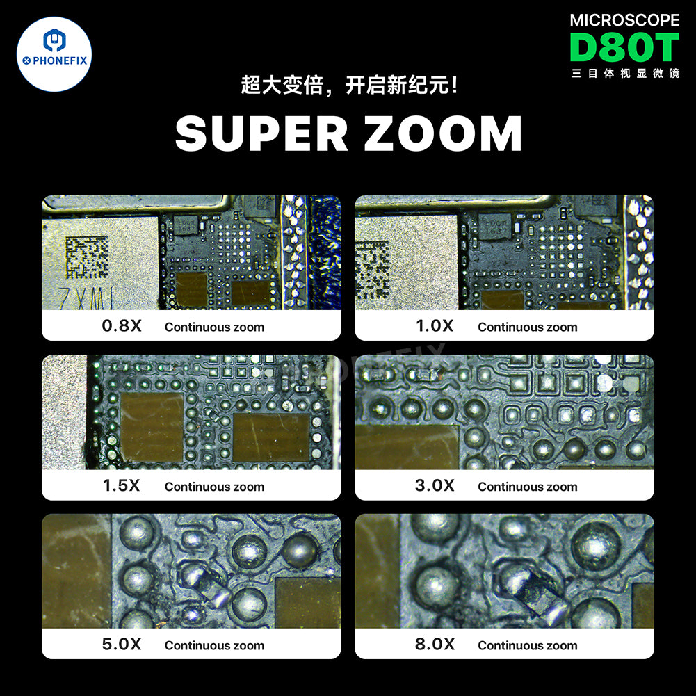 PhoneFix MECHANIC D80T 8-80X trinocular stereo microscope for phone repair, featuring adjustable magnification and bright illumination.