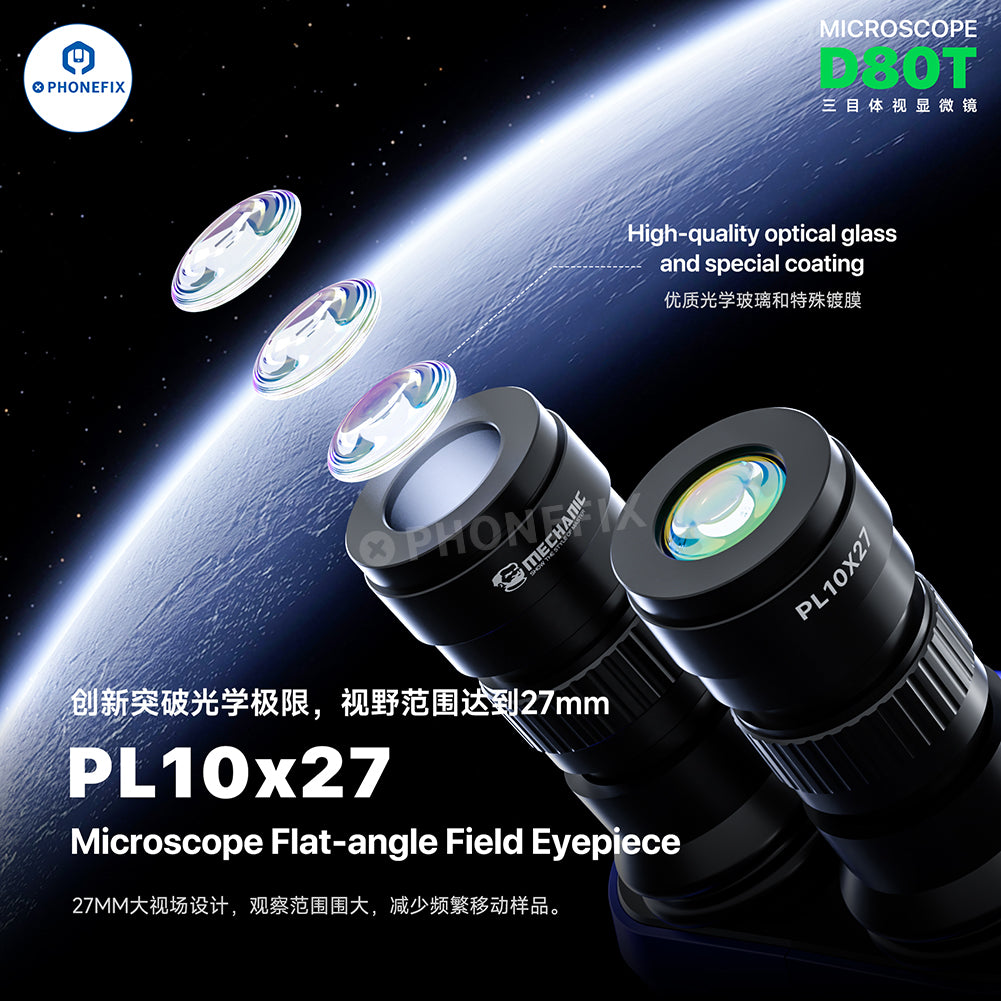 Electric PhoneFix MECHANIC D80T 8-80X trinocular stereo microscope for phone repair, with adjustable magnification and focusing.