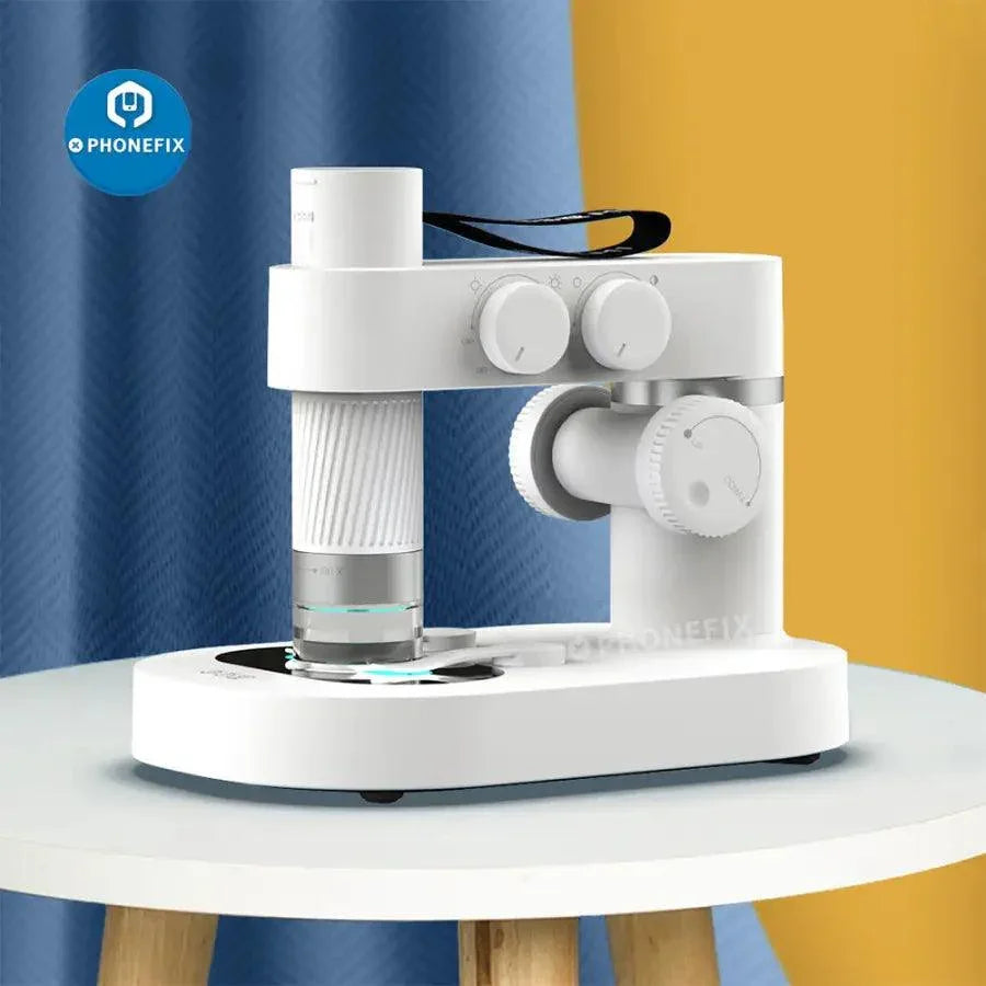 Digital Smart Microscope by PHONEFIX showing a sleek black electric microscope with WiFi connection and adjustable magnification 1X-400X.