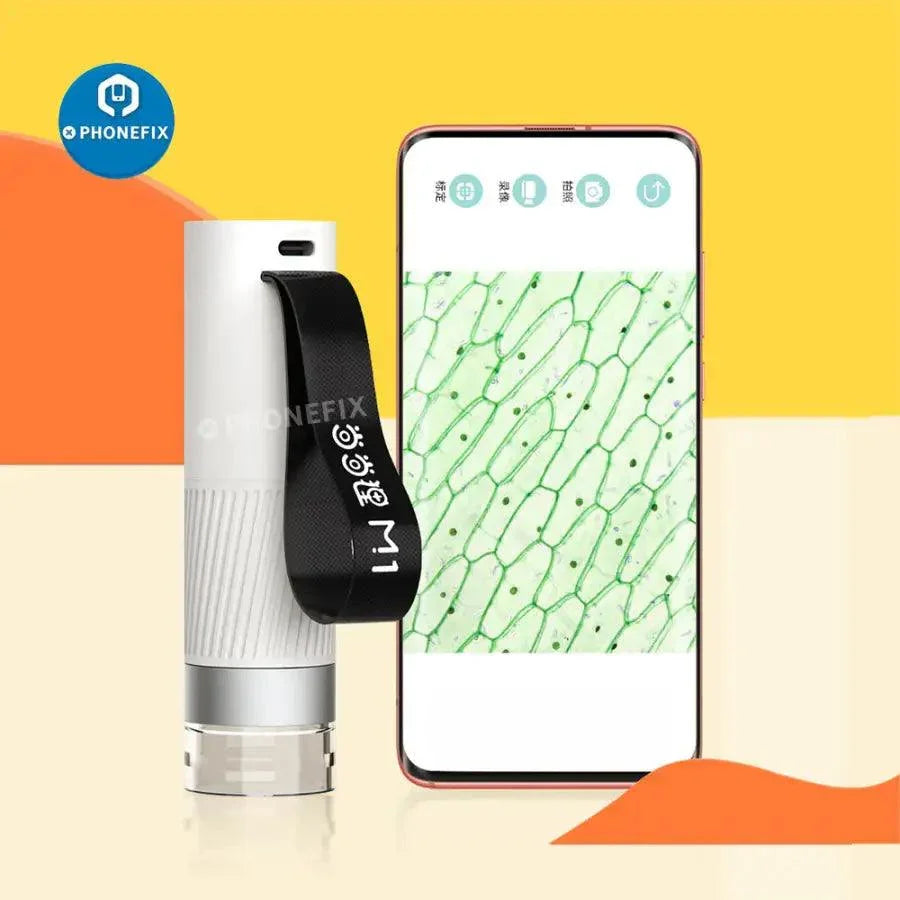 Phonefix DDL Digital Smart Microscope 1X-400X with WiFi connection, electric microscope showing viewing screen and base.