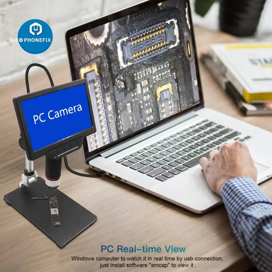 Phonefix 5-inch HD screen electronic magnifying glass USB digital microscope showing detailed close-up view of small objects.