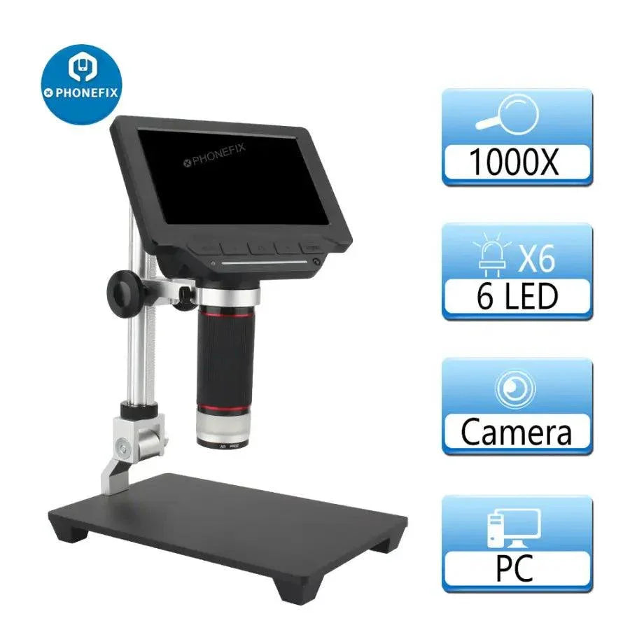 PHONEFIX 5-inch HD screen electronic magnifying glass USB digital microscope showing a detailed close-up of a small object.