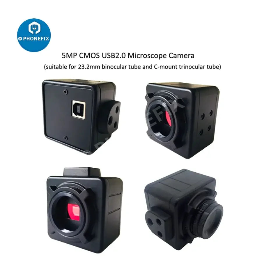 5MP CMOS USB industrial microscope camera with digital electronic eyepiece, used for detailed electronic inspections.