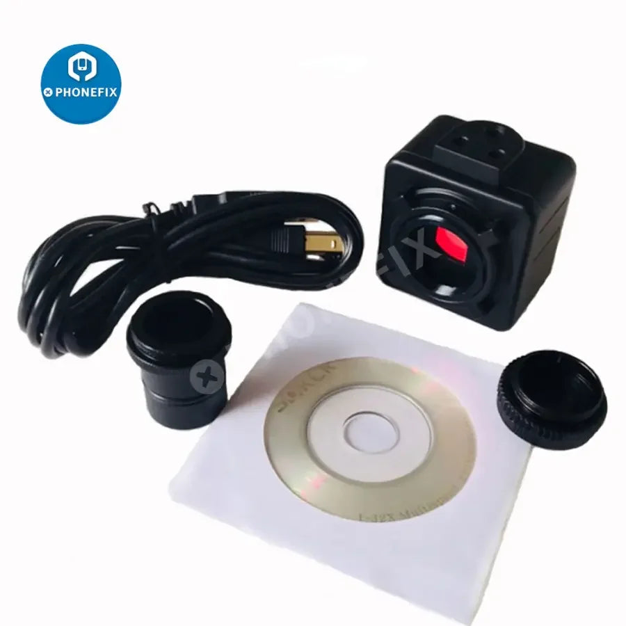 Close-up of PHONEFIX 5MP CMOS USB industrial microscope camera with digital electronic eyepiece for detailed magnified inspection.
