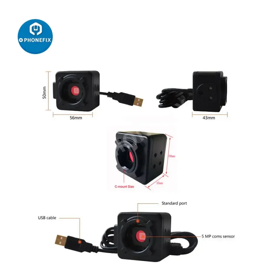 PHONEFIX 5MP CMOS USB microscope with digital electronic eyepiece, industrial camera for detailed close-up inspection.