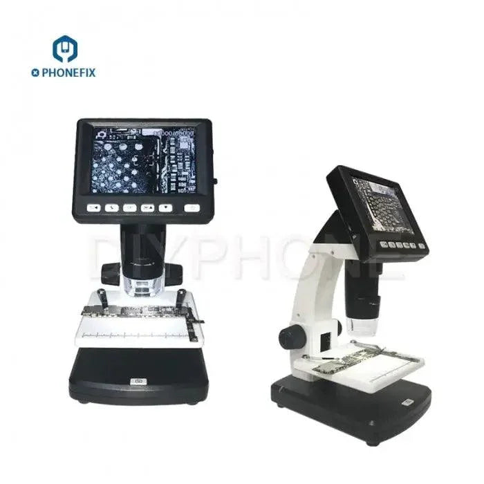 PHONEFIX 600X 3.5-inch HD digital microscope with camera and video recorder, showcasing the compact design and lens details.