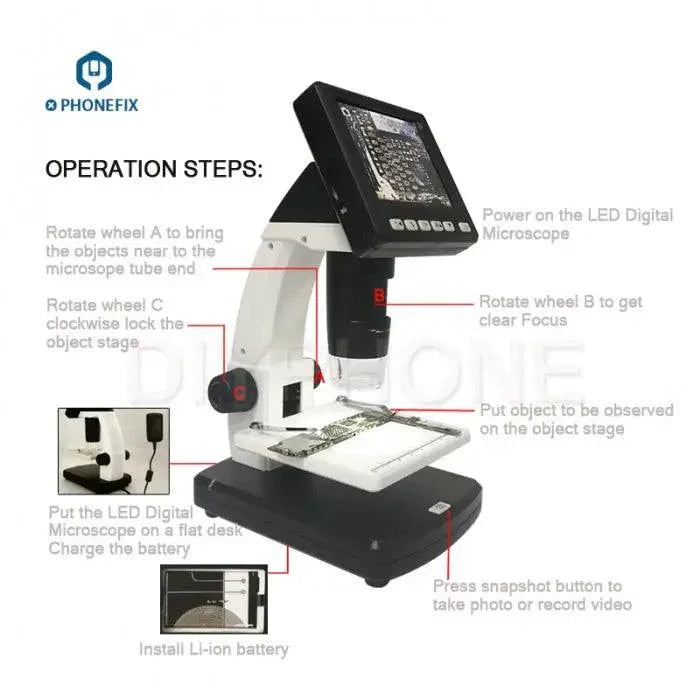 PHONEFIX 600X 3.5-inch HD digital microscope with camera and video recorder for detailed close-up viewing of small objects.