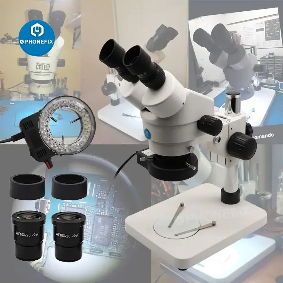 PhoneFix 7-45X binocular stereo microscope for phone PCB repair, featuring an electric soldering tool for detailed electronic work.