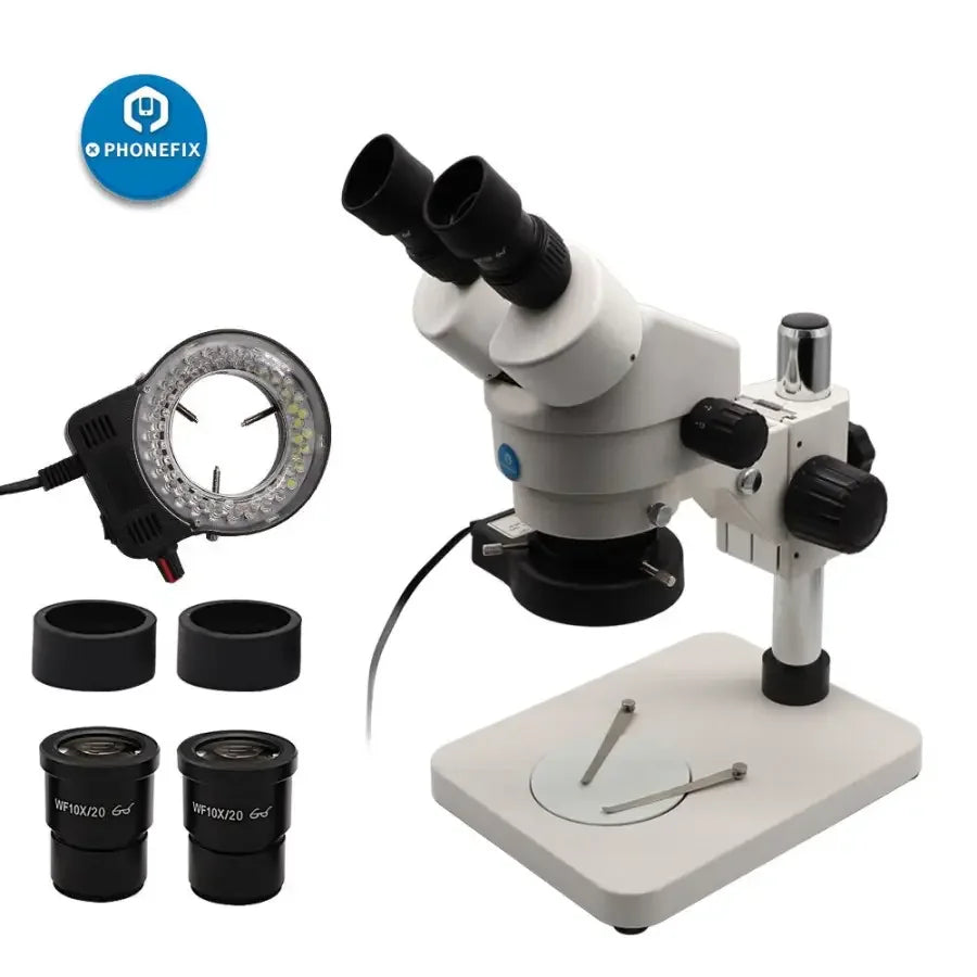 Electric binocular stereo microscope by PHONEFIX with 7-45X magnification, used for phone PCB repair and detailed soldering work.