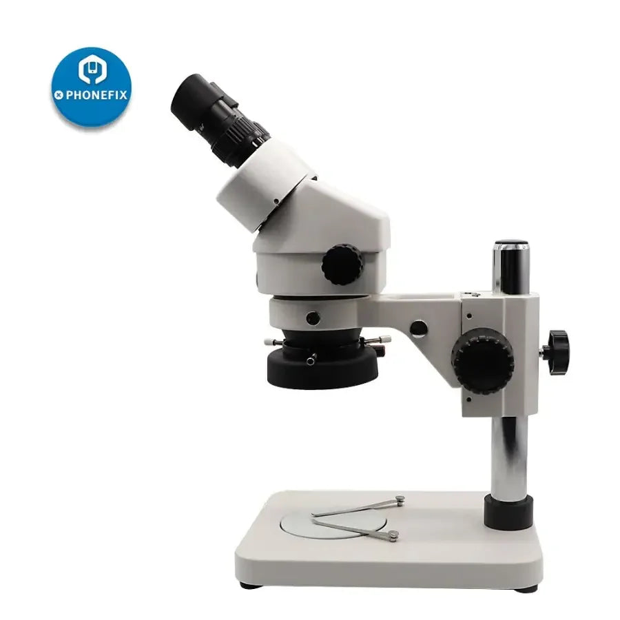 PhoneFix 7-45X binocular stereo microscope for phone PCB repair, featuring electric soldering tool and detailed view of electronic components.