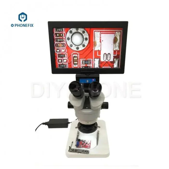 PHONEFIX 7-45X integrated trinocular electric microscope with 10.6-inch display screen, used for detailed scientific observation