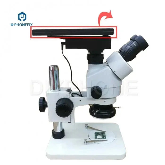 PHONEFIX 7-45X integrated trinocular electric microscope with 10.6-inch display screen for detailed viewing and microscopy analysis.