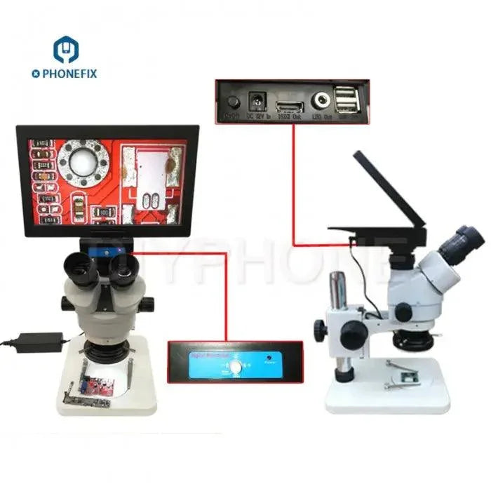 PhoneFIX 7-45X integrated trinocular electric microscope with 10.6-inch display screen, showing the device with adjustable focus and viewing screen.