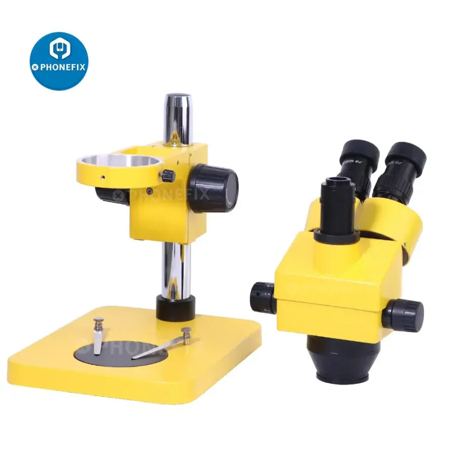 Yellow 7x-45x trinocular stereo zoom microscope by PHONEFIX for phone PCB repair, featuring adjustable magnification and electric lighting