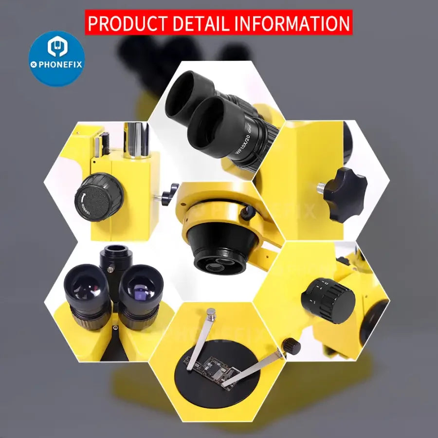 Yellow 7x-45x trinocular stereo zoom microscope by PHONEFIX for phone PCB repair, with adjustable magnification and ergonomic design.