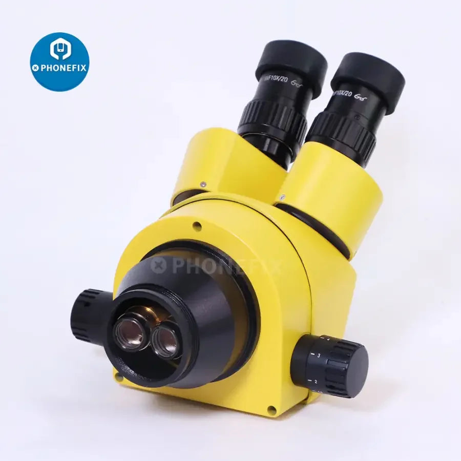 Yellow 7x-45x trinocular stereo zoom microscope by PHONEFIX for phone PCB repair, featuring adjustable magnification and sturdy build.