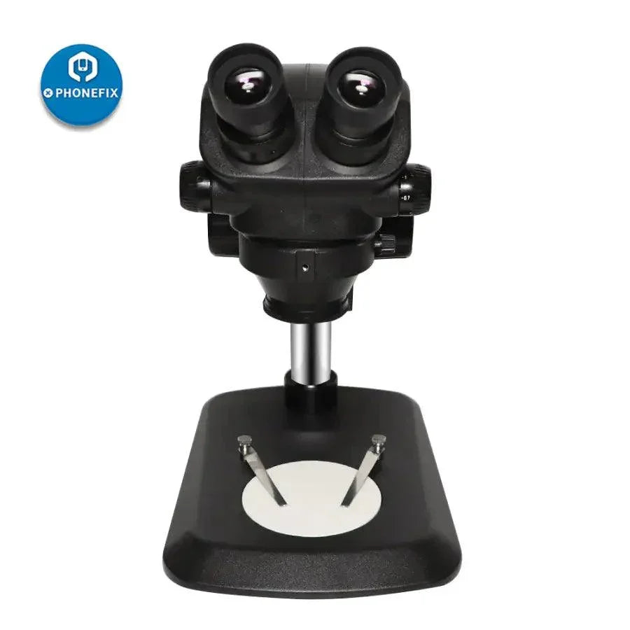 Black PhoneFix simul focal binocular stereo microscope head on large table stand, used for detailed scientific inspection.