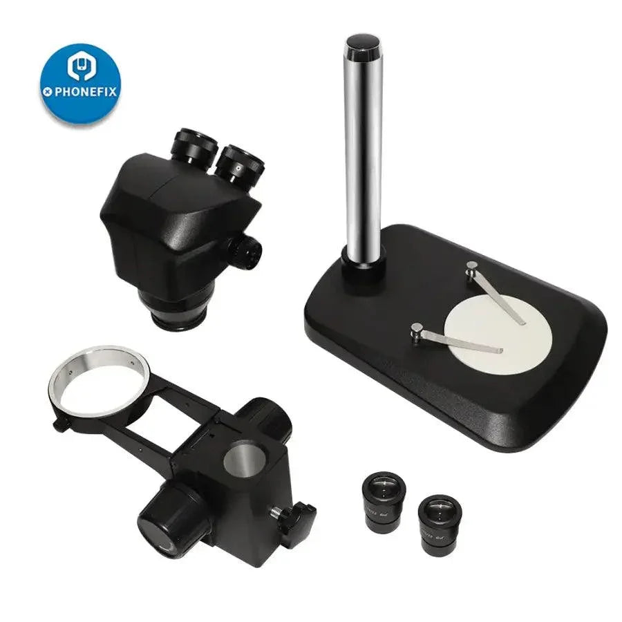 Black PhoneFix electric stereo microscope head with binocular focus, mounted on a large table stand for detailed viewing.
