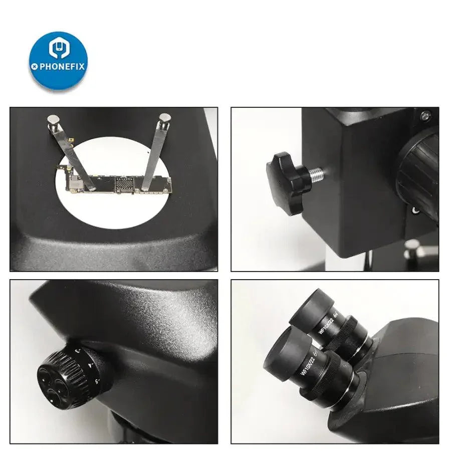 Black PhoneFIX electric binocular stereo microscope head with a large table stand and focal adjustment for detailed viewing.